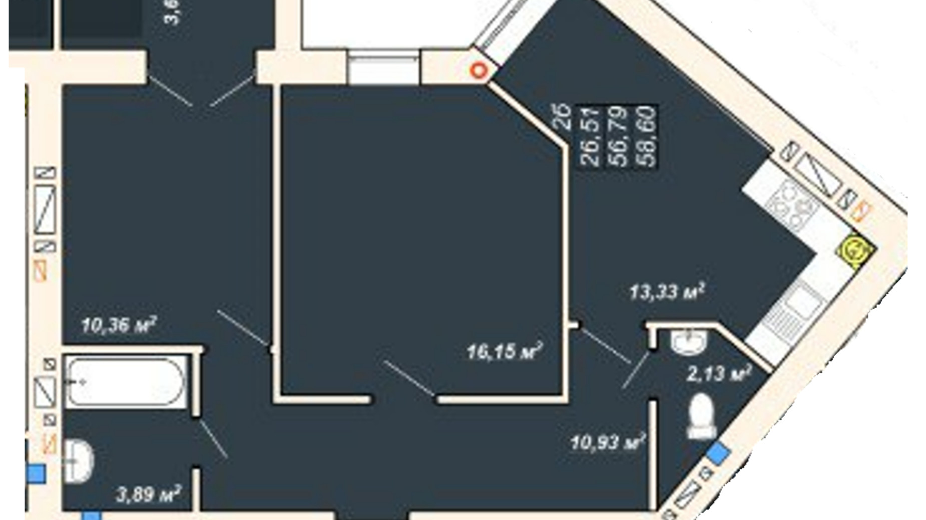 Планування 2-кімнатної квартири в ЖК Атмосфера 58.6 м², фото 515914