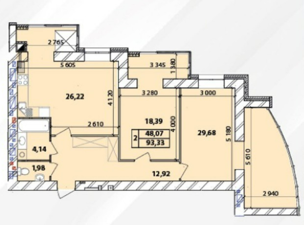 ЖК Масани Панорама: планування 2-кімнатної квартири 93.3 м²