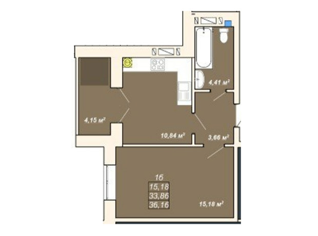 ЖК Атмосфера: планировка 1-комнатной квартиры 36.16 м²