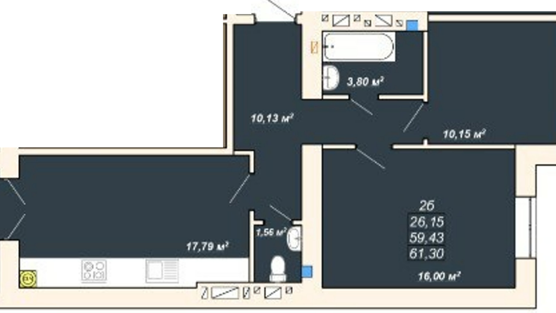 Планування 2-кімнатної квартири в ЖК Атмосфера 61.3 м², фото 515968
