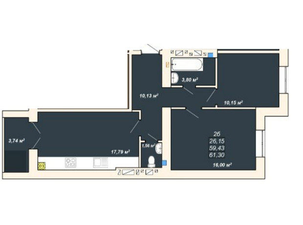 ЖК Атмосфера: планировка 2-комнатной квартиры 61.3 м²