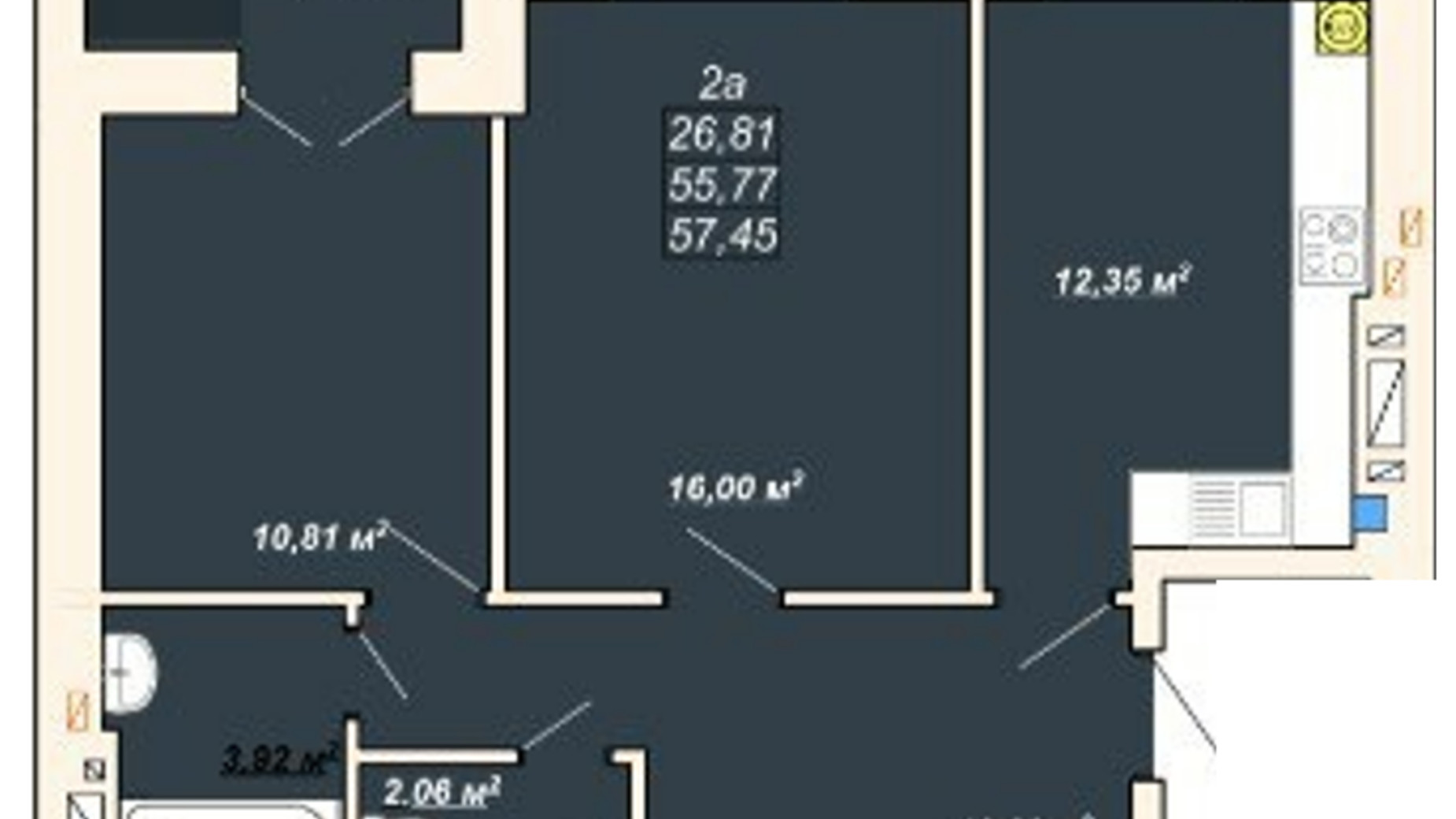 Планування 2-кімнатної квартири в ЖК Атмосфера 57.45 м², фото 515969
