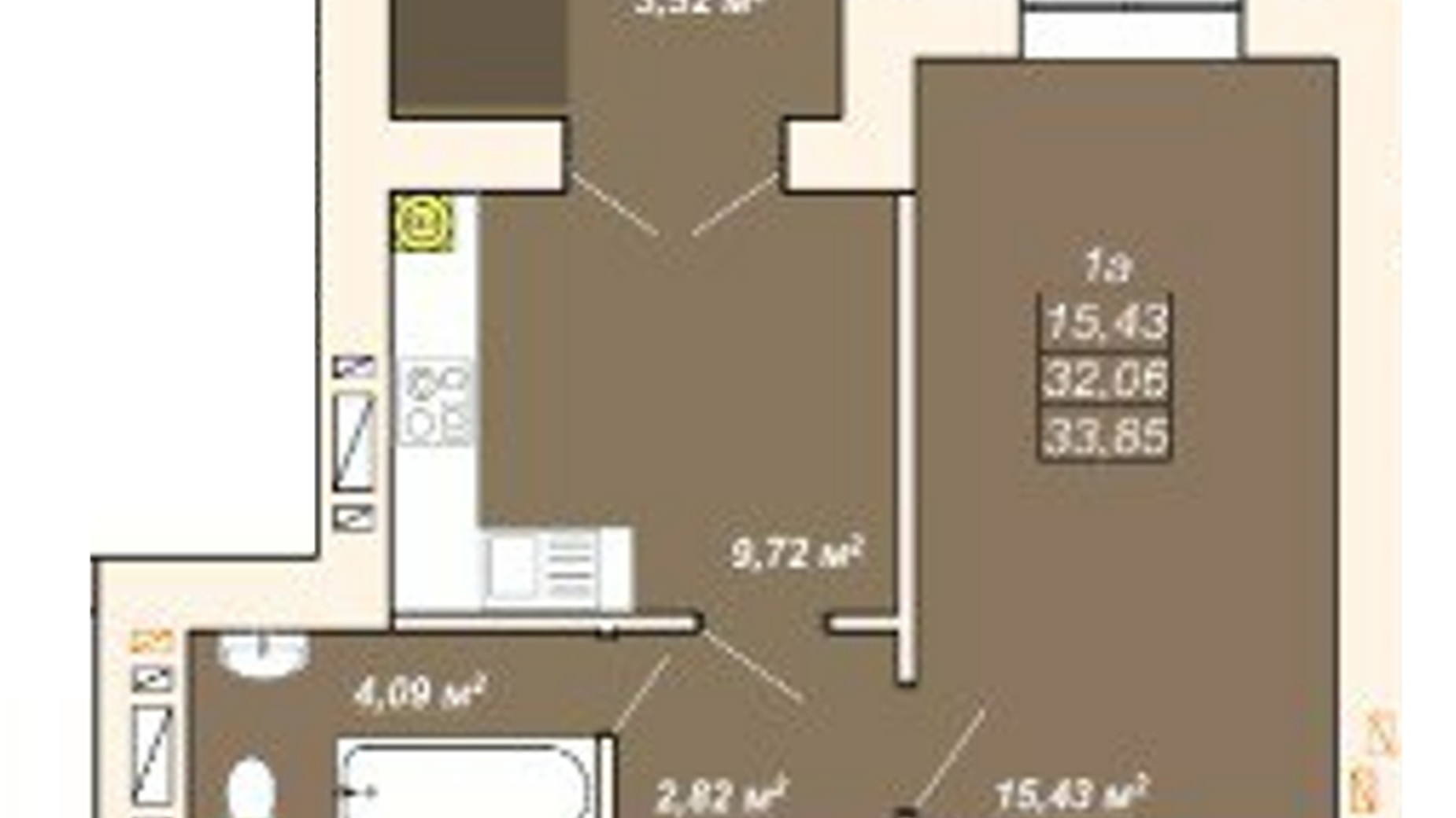Планування 1-кімнатної квартири в ЖК Атмосфера 33.85 м², фото 515979