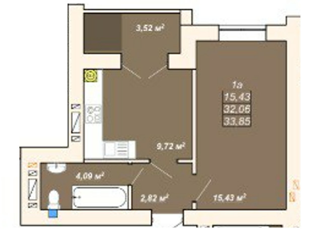ЖК Атмосфера: планировка 1-комнатной квартиры 33.85 м²