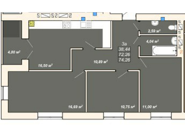 ЖК Атмосфера: планування 3-кімнатної квартири 74.26 м²