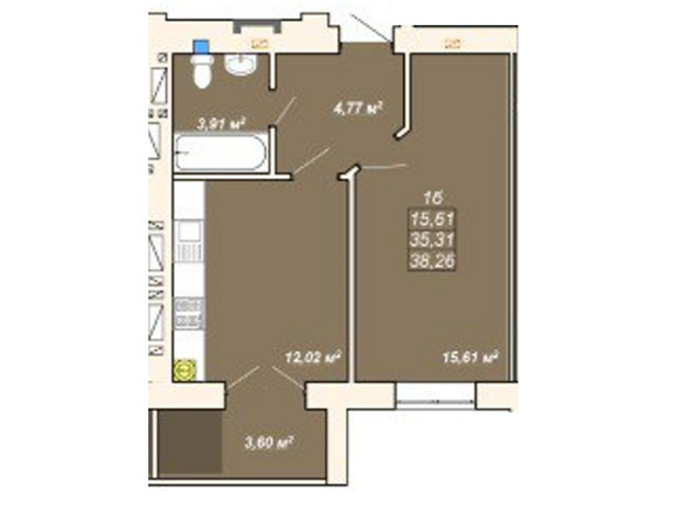 ЖК Атмосфера: планировка 1-комнатной квартиры 38.26 м²