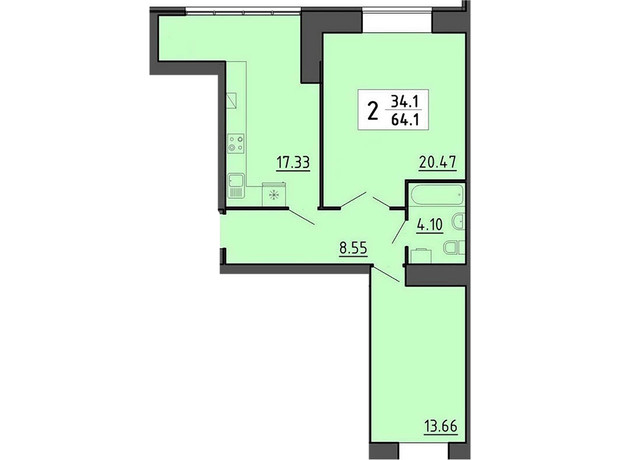 Квартал Энергия: планировка 2-комнатной квартиры 64.1 м²