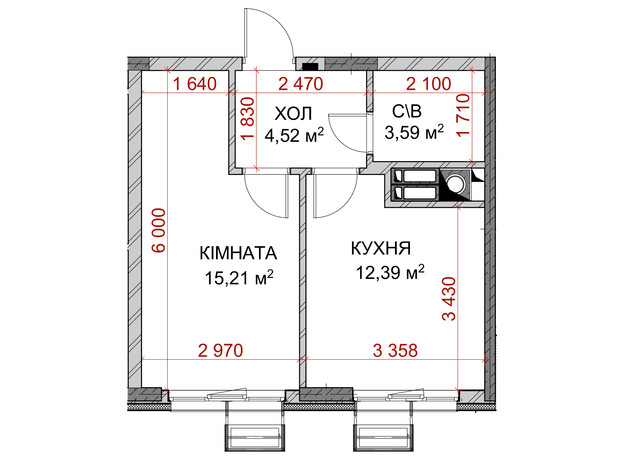 ЖК Riverside: планування 1-кімнатної квартири 35.46 м²