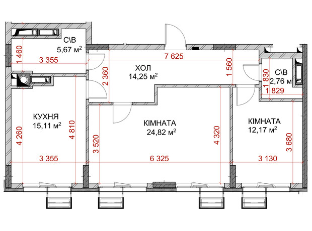 ЖК Riverside: планування 2-кімнатної квартири 74.28 м²