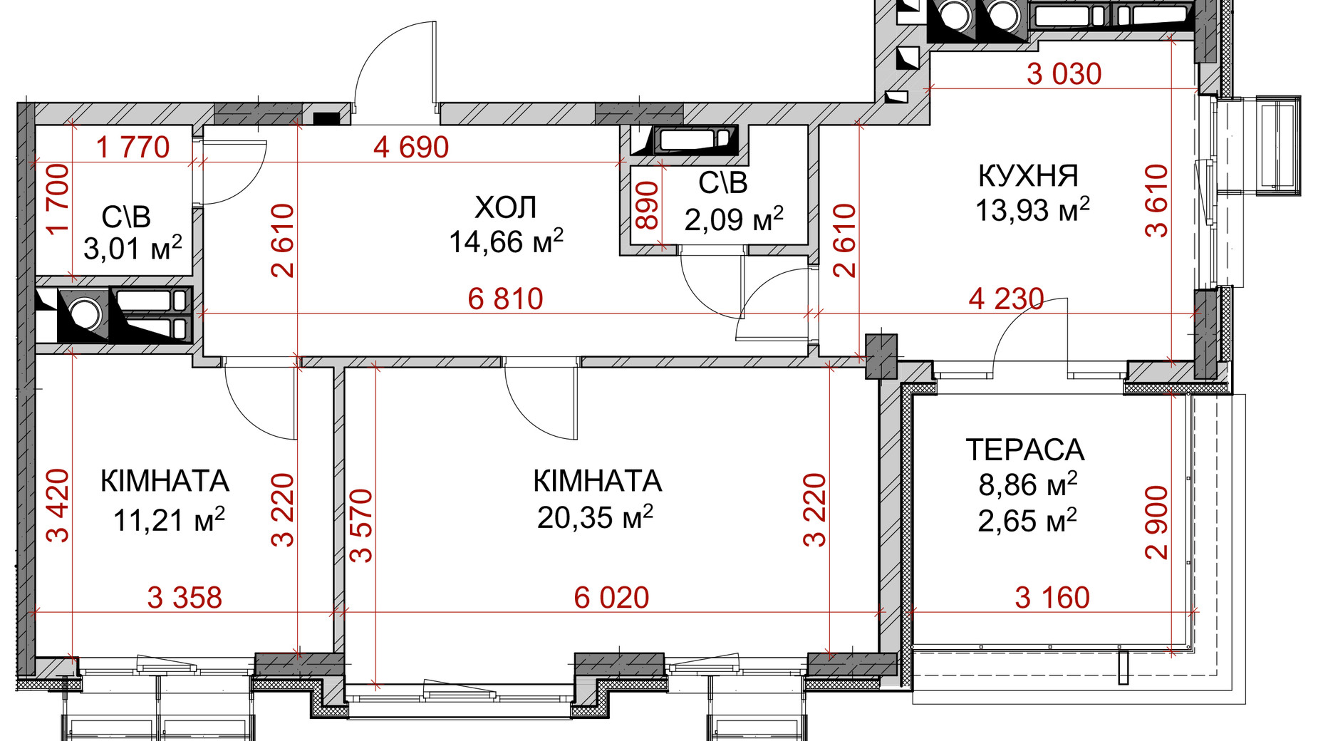 Планування 2-кімнатної квартири в ЖК Riverside 67.9 м², фото 516460