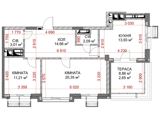 ЖК Riverside: планировка 2-комнатной квартиры 67.9 м²