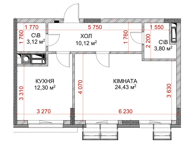 ЖК Riverside: планування 1-кімнатної квартири 53.77 м²