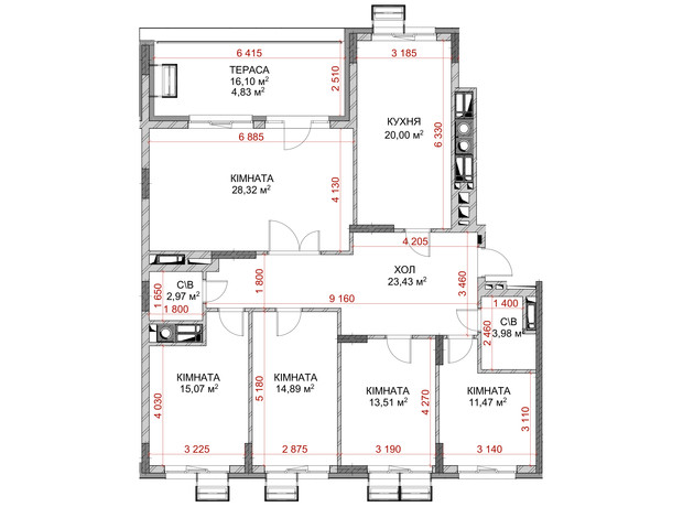 ЖК Riverside: планування 5-кімнатної квартири 138.47 м²