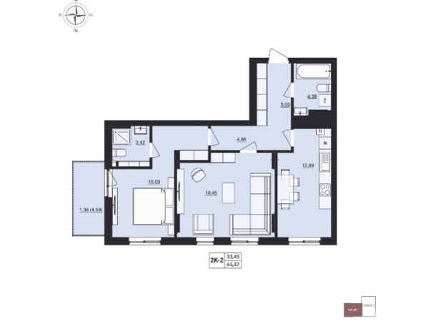 ЖК Milltown: планировка 2-комнатной квартиры 65.37 м²