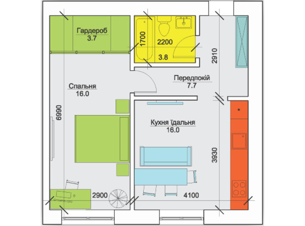 ЖК Всі Свої: планировка 1-комнатной квартиры 47.2 м²