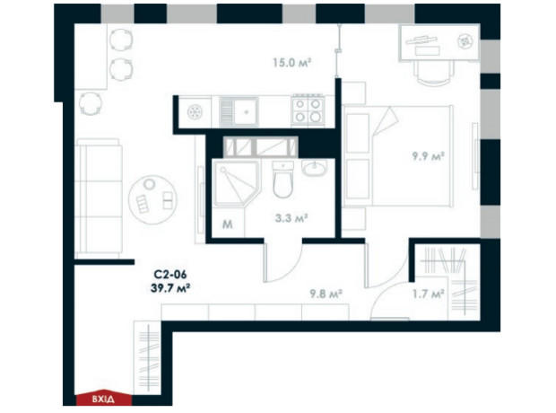 ЖК Atria City. Teremky: планування 1-кімнатної квартири 39.7 м²