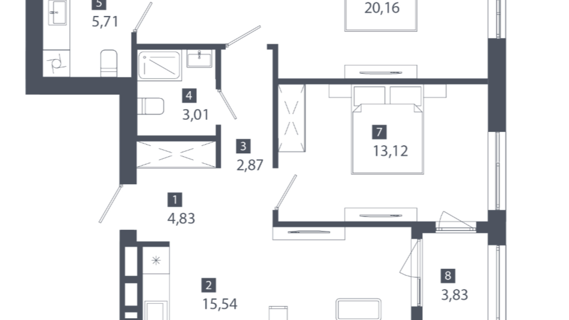 Планировка 2-комнатной квартиры в ЖК Cinematic 69.07 м², фото 517487