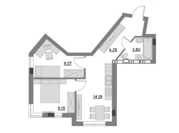 ЖК Lantana: планировка 2-комнатной квартиры 42.49 м²