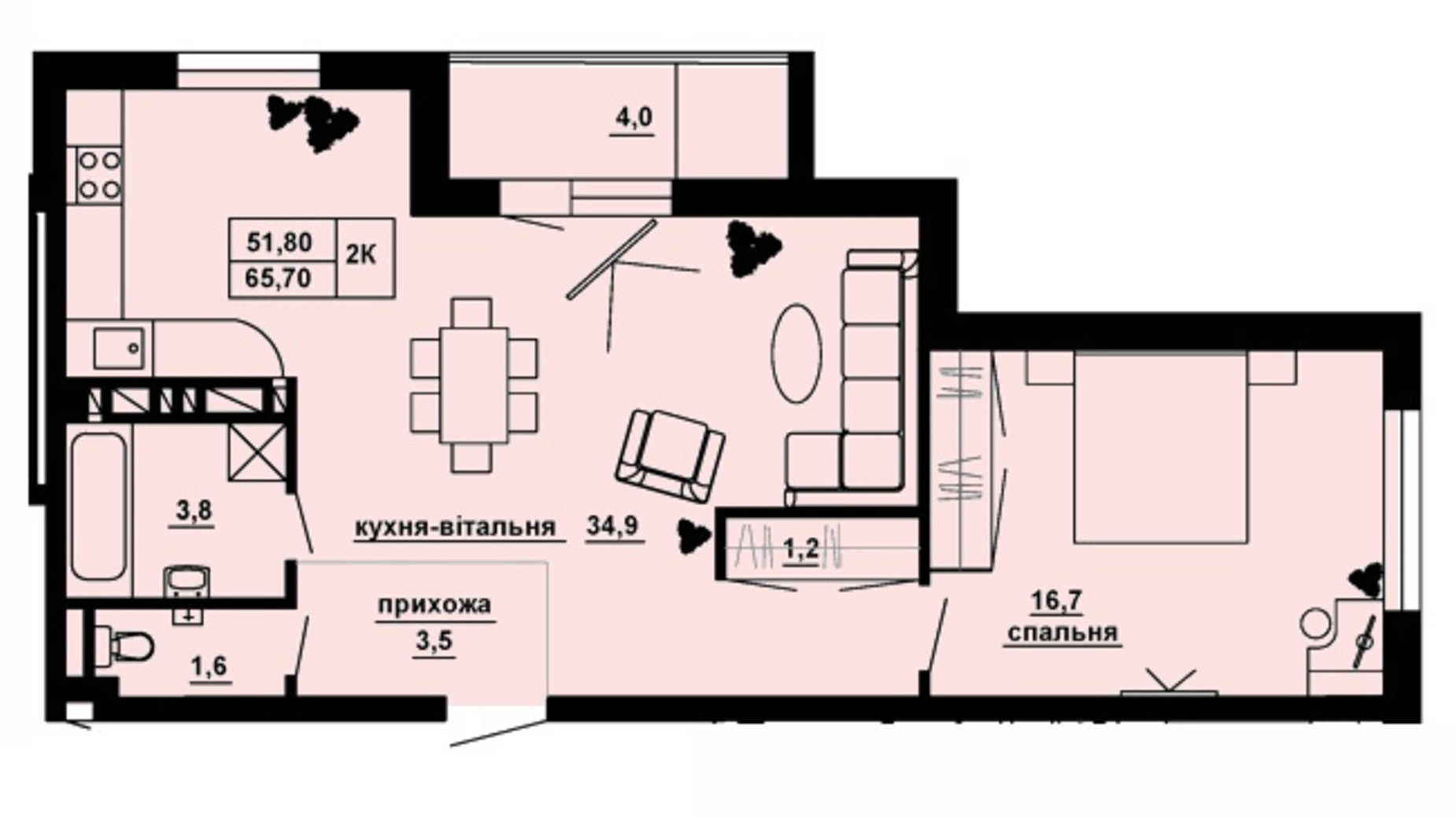 Планування 2-кімнатної квартири в ЖК Manhattan 65.7 м², фото 517829