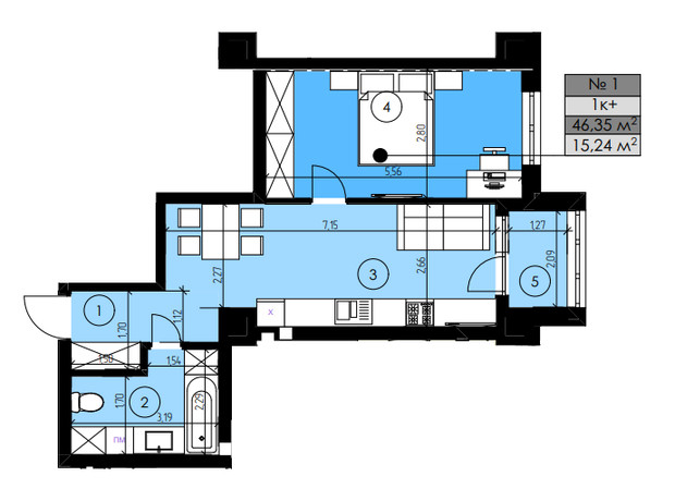 ЖК ЕкоПарк: планування 1-кімнатної квартири 46.35 м²