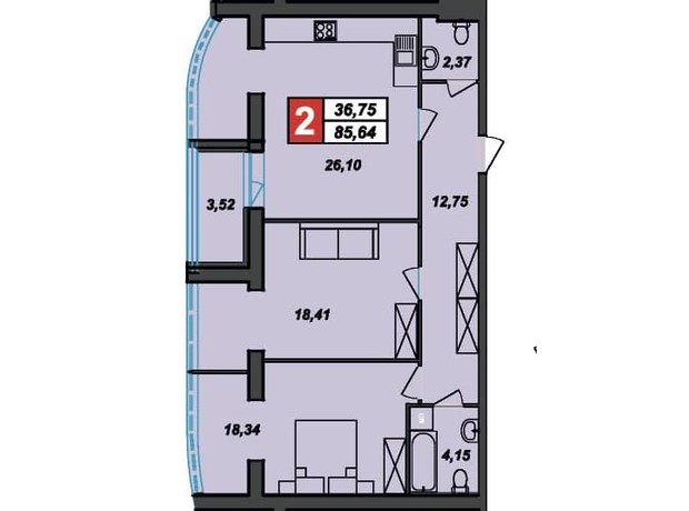 ЖК Sportcity: планировка 2-комнатной квартиры 85.64 м²