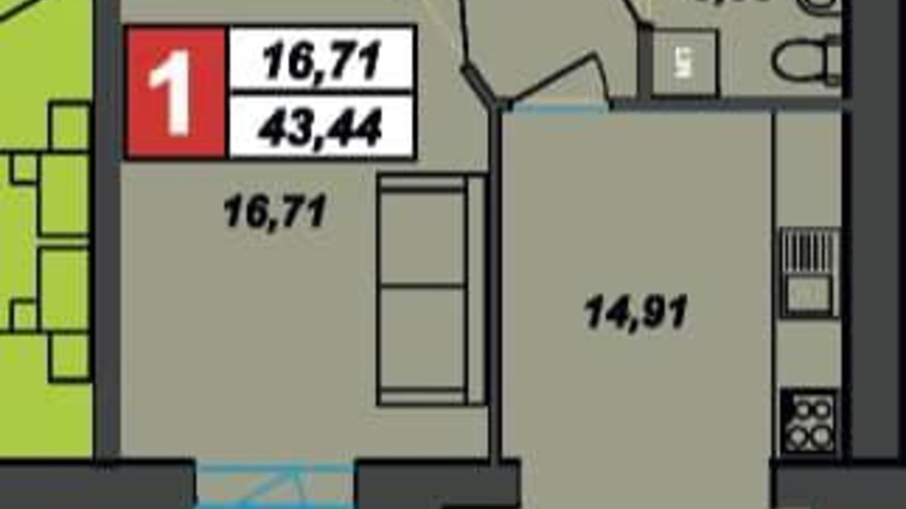 Планировка 1-комнатной квартиры в ЖК Sportcity 43.44 м², фото 518347