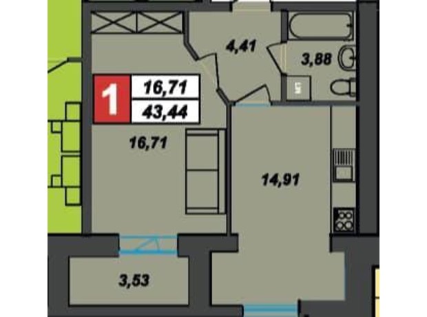 ЖК Sportcity: планировка 1-комнатной квартиры 43.44 м²