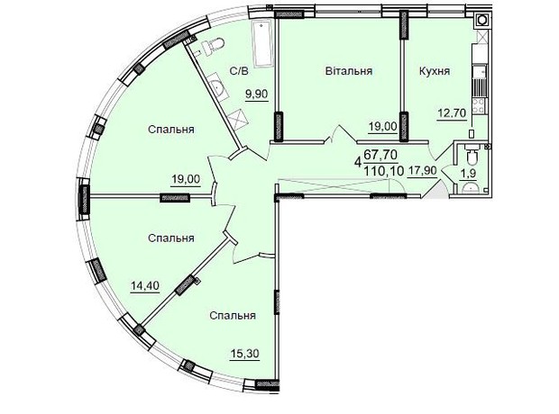 ЖК Буковинский: планировка 4-комнатной квартиры 110.1 м²