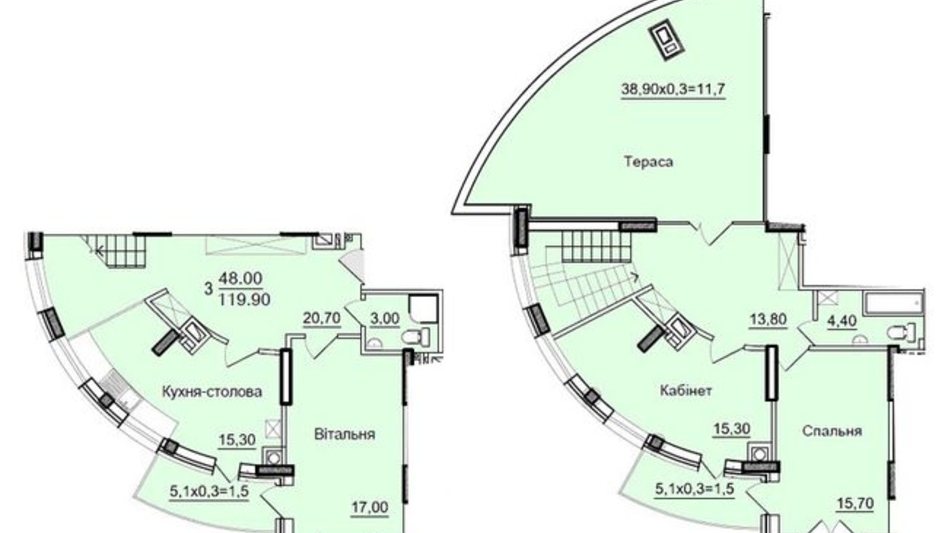 Планировка много­уровневой квартиры в ЖК Буковинский 118 м², фото 518498