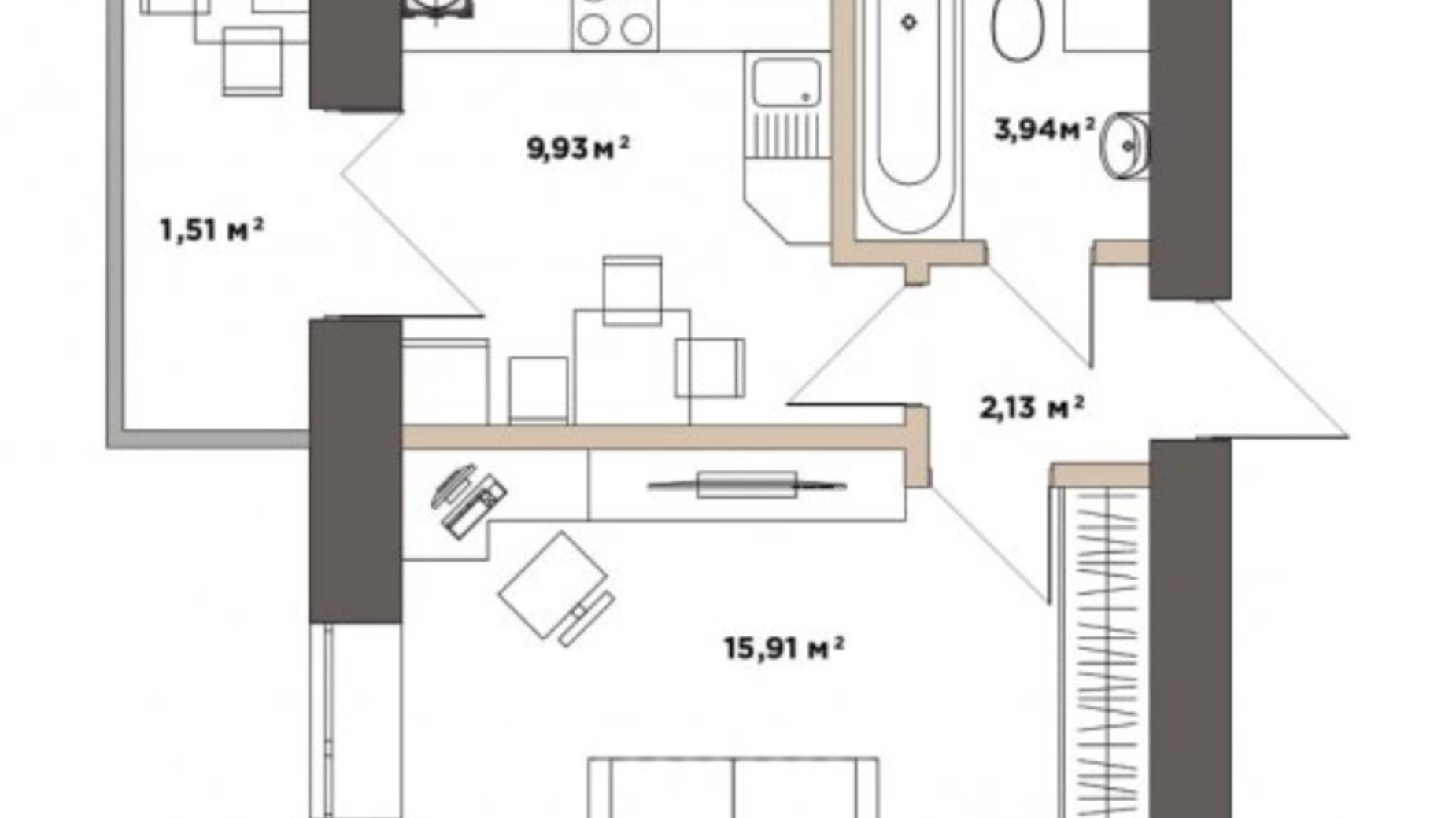 Планування 1-кімнатної квартири в ЖК Park Residence 33.42 м², фото 519717