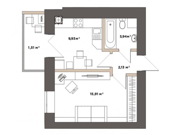 ЖК Park Residence: планировка 1-комнатной квартиры 33.42 м²