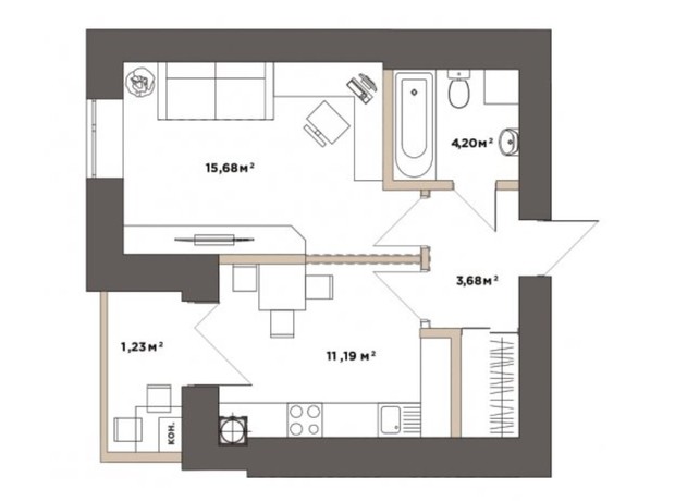 ЖК Park Residence: планування 1-кімнатної квартири 37.74 м²