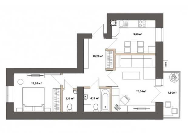 ЖК Park Residence: планування 2-кімнатної квартири 57.35 м²