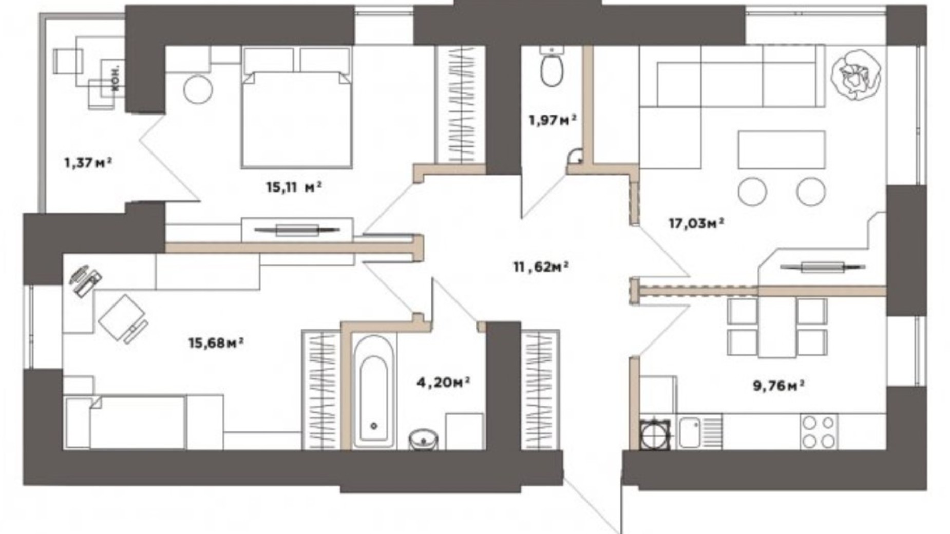 Планировка 3-комнатной квартиры в ЖК Park Residence 76.74 м², фото 519721