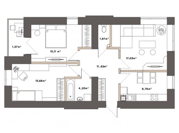 ЖК Park Residence: планування 3-кімнатної квартири 76.74 м²
