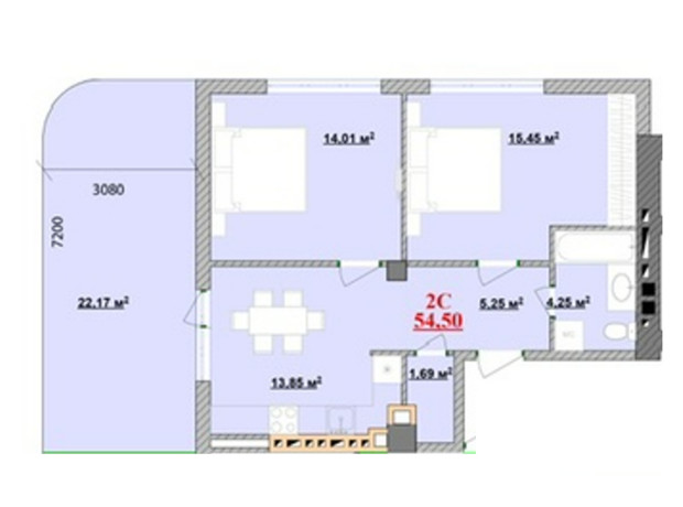 ЖК Provance Home: планировка 2-комнатной квартиры 54.5 м²