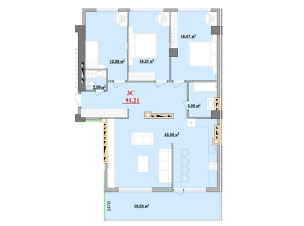 ЖК Provance Home: планування 3-кімнатної квартири 91.21 м²