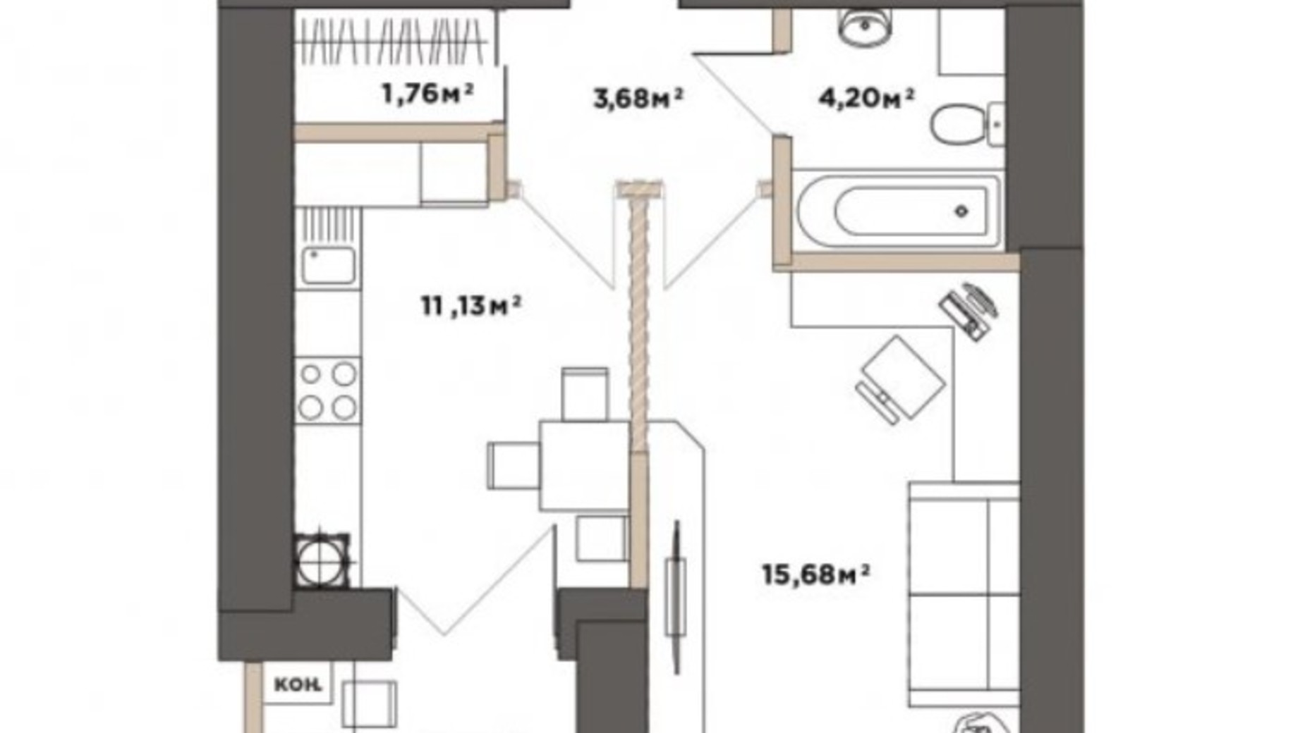 Планування 1-кімнатної квартири в ЖК Park Residence 38.47 м², фото 519729