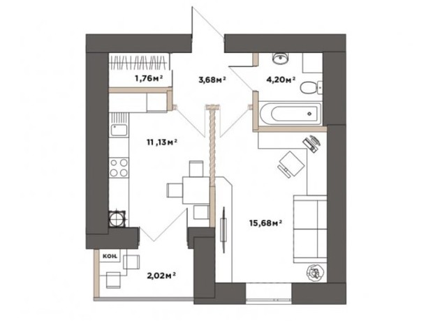 ЖК Park Residence: планування 1-кімнатної квартири 38.47 м²