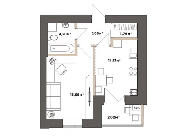ЖК Park Residence: планировка 1-комнатной квартиры 38.47 м²