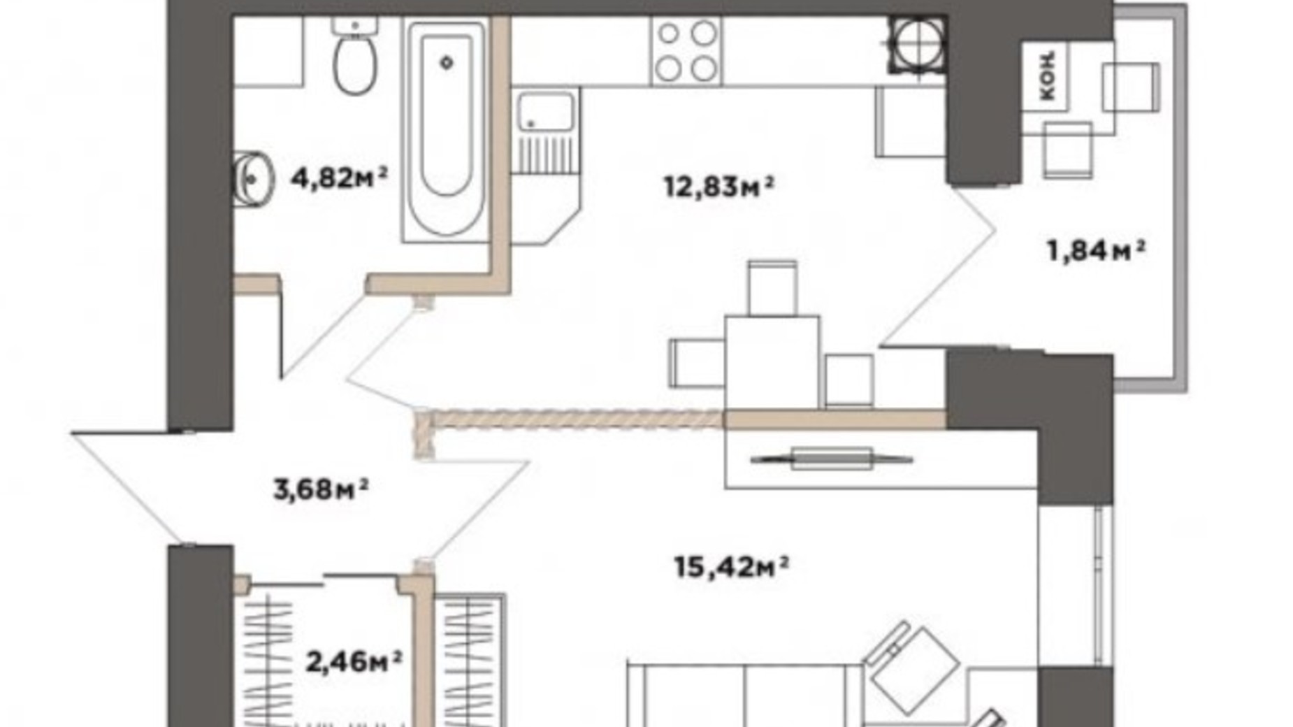 Планування 1-кімнатної квартири в ЖК Park Residence 41.05 м², фото 519731