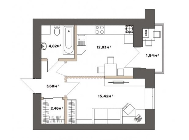 ЖК Park Residence: планування 1-кімнатної квартири 41.05 м²