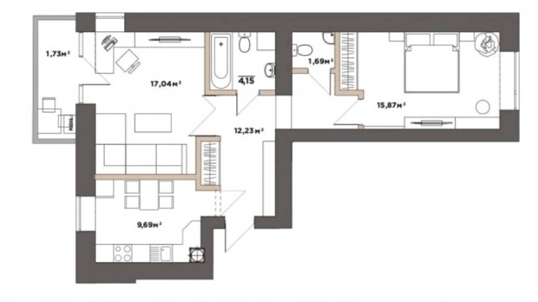 Планировка 2-комнатной квартиры в ЖК Park Residence 62.4 м², фото 519732