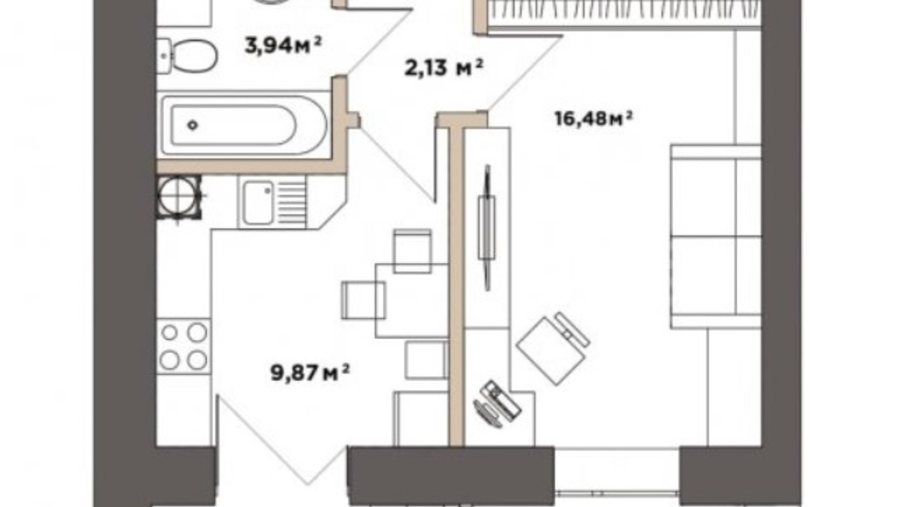 Планування 1-кімнатної квартири в ЖК Park Residence 33.9 м², фото 519748