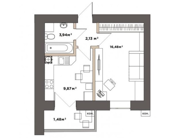 ЖК Park Residence: планування 1-кімнатної квартири 33.9 м²