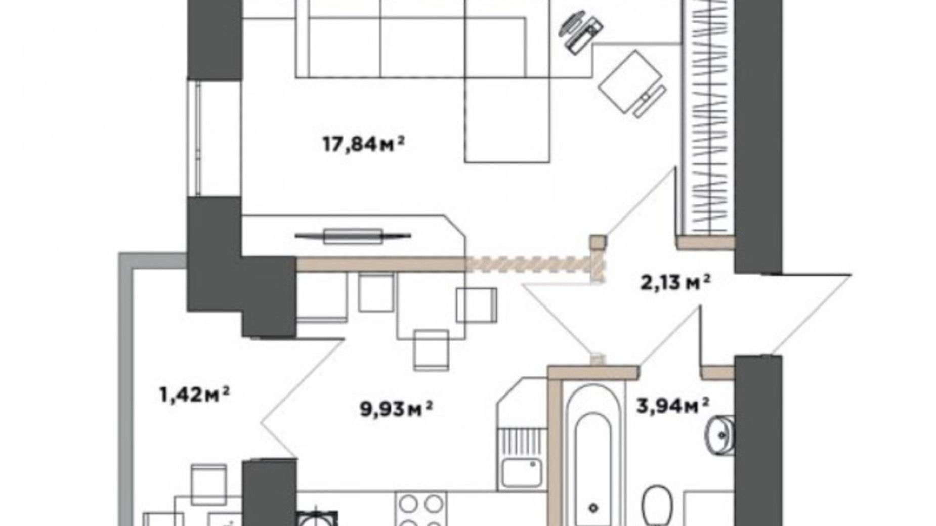 Планировка 1-комнатной квартиры в ЖК Park Residence 35.26 м², фото 519749