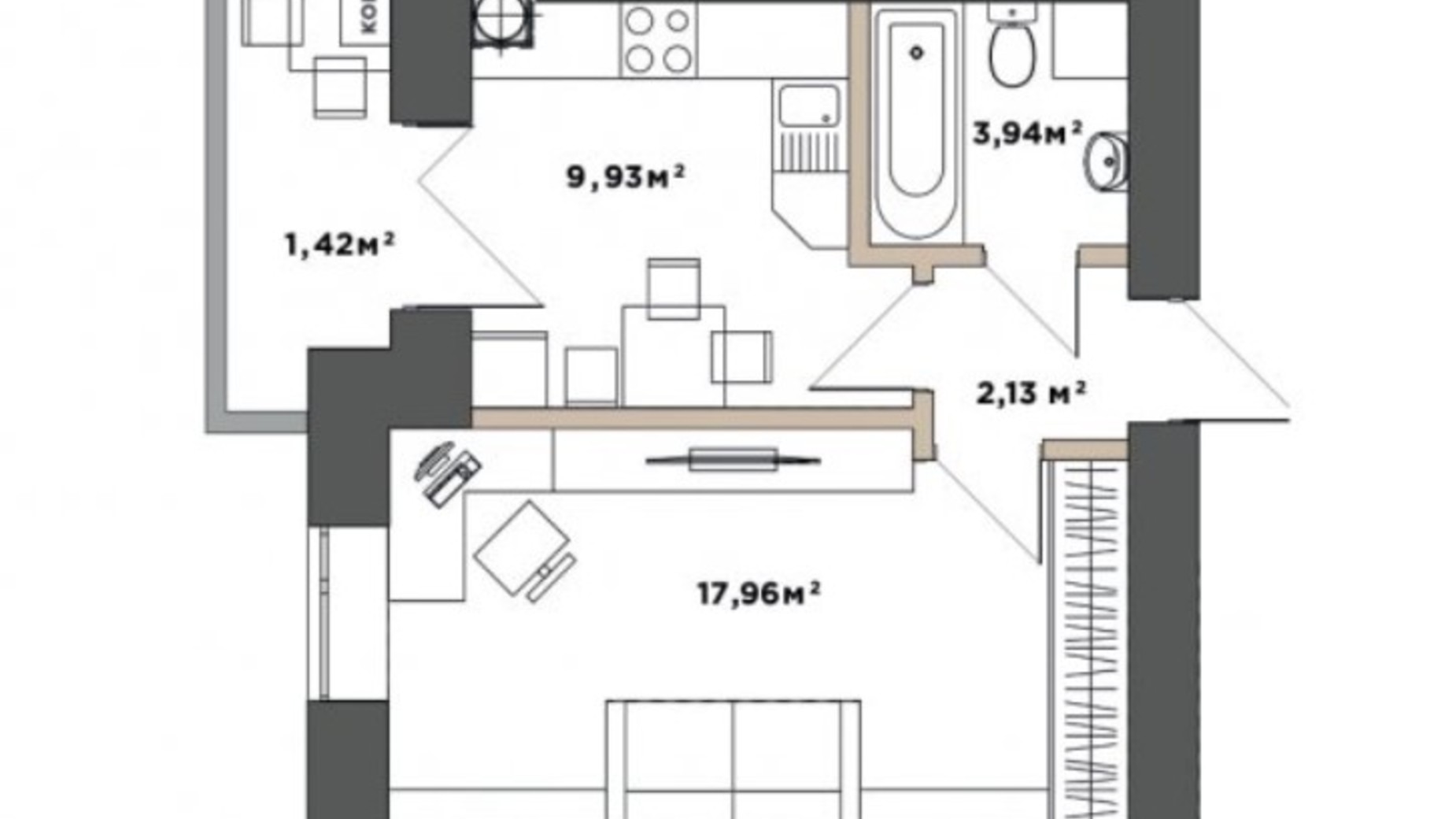 Планування 1-кімнатної квартири в ЖК Park Residence 35.38 м², фото 519750