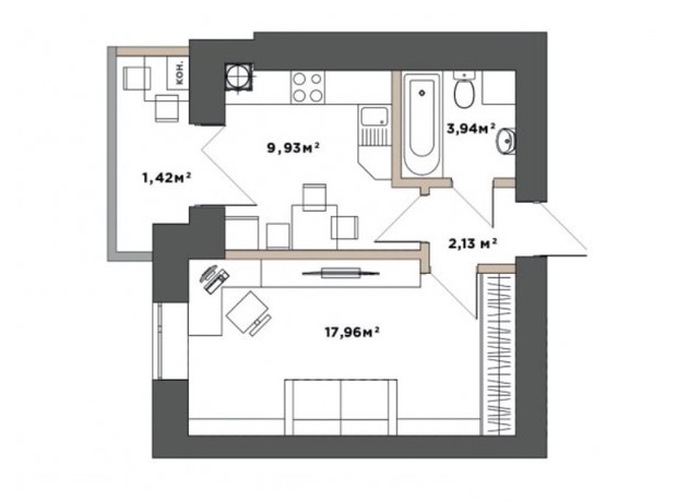 ЖК Park Residence: планування 1-кімнатної квартири 35.38 м²