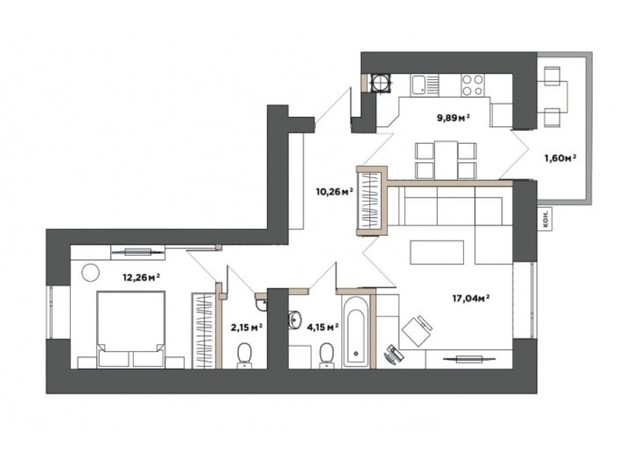 ЖК Park Residence: планировка 2-комнатной квартиры 57.35 м²