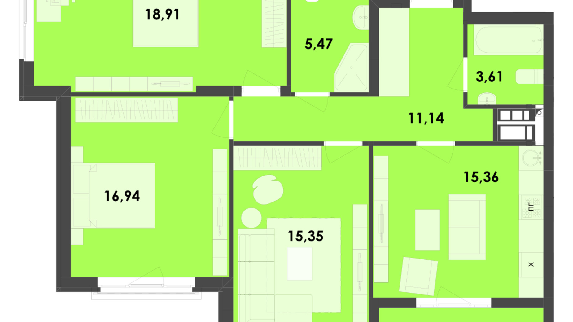 Планировка 3-комнатной квартиры в ЖК River City 91.58 м², фото 519763